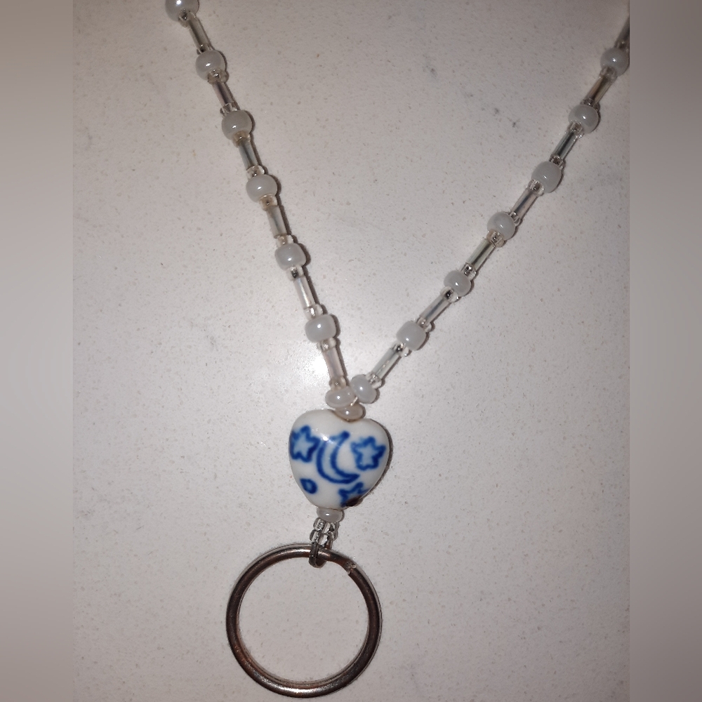 $ Blue and White Glass Heart Bead Night Shift Lanyard Handmade